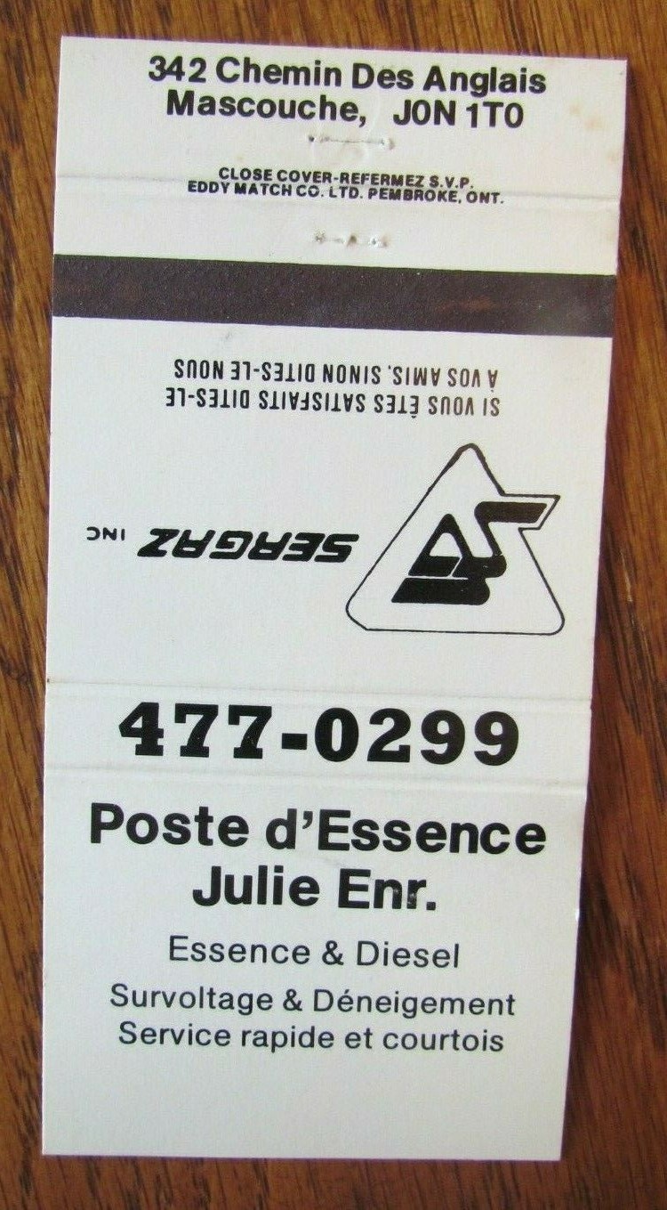 JULIE SEGAZ GAS STATION MATCHBOOK MATCHCOVER MASCOUCHE, QUEBEC E28 eBay