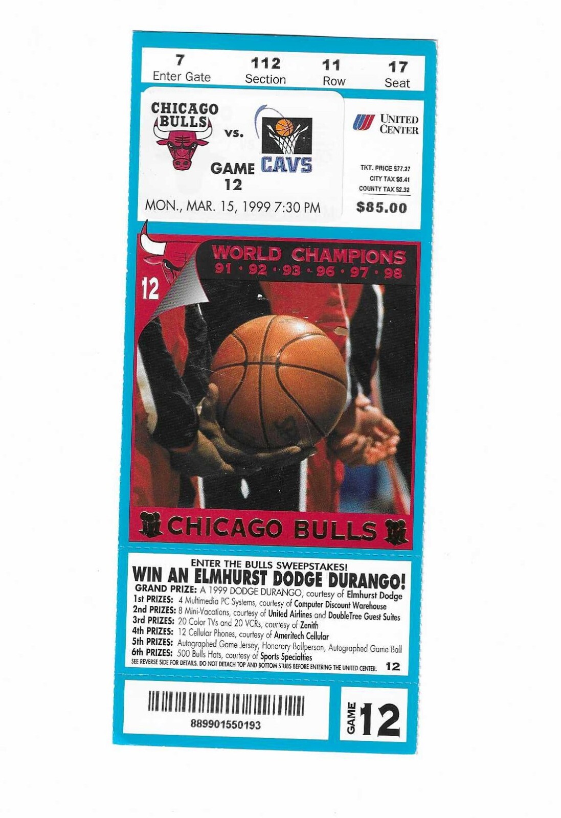 Chicago Bulls vs Cleveland Cavaliers Unused Basketball Ticket from 3/15/1999