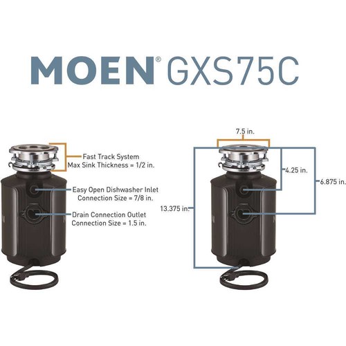 Moen GXS75C GX Series Garbage Disposal, 0.75 hp Motor, 115 V, Stainless Steel - Picture 3 of 9