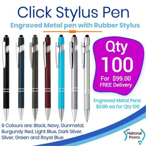 100 x Custom Corporate Personalised Click Stylus Metal Pen with Rubber Stylus  