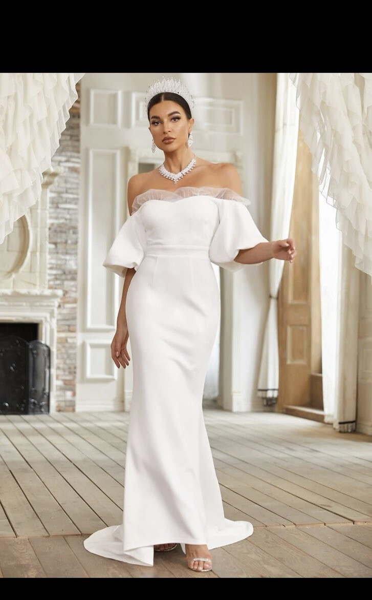 SHEIN Off Shoulder Contrast Mesh Mermaid Hem Wedding Dress Small (4)