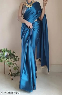 New Traditional Satin Silk Saree With Blouse Piece Party Wedding Wear For Women