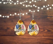 USA In God We Trust Wood Tear Drop Printed Earrings Jewelry Western