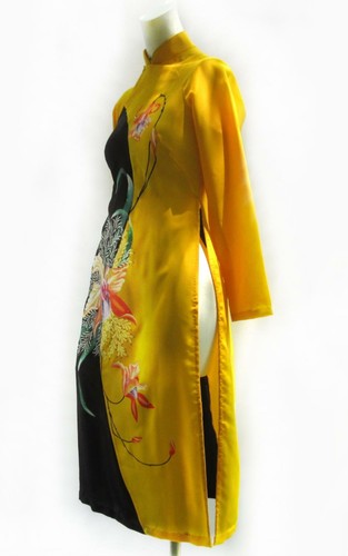 Vestido túnica largo dorado y negro Ao Dai con flores pintadas con pantalones XXS D860 - Imagen 3 de 12