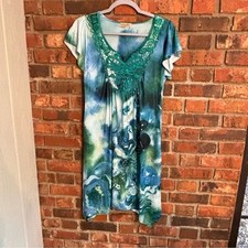One World womens floral crochet butterfly flutter sleeve boho dress blue small