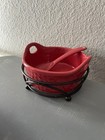 Tastefully Simple Red Ceramic Dip Crock with Wrought Iron Stand & Serving Spoon 