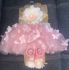3pcs Set Pink Butterfly Tutu With Flower Head Band And Booties 0-12 Months