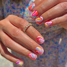 Press on Nails Square Short 24Pcs Press on Nails with Colorful Wavy Line