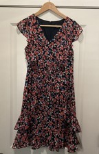 Tommy Hilfiger Floral Chiffon Ruffle Layered Knee Length Dress Navy Coral 8