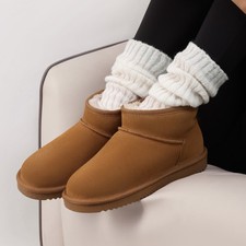 Women Genuine Suede Fuzzy Boots Slip On Faux Fur Memory Foam Comfort Snow Boots