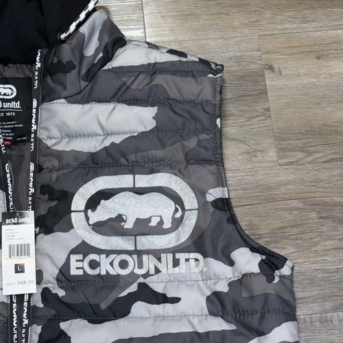 NWT Ecko Unltd. Black Gray Camouflage Hooded Puffer Vest Mens Large Rhino Logo image 3