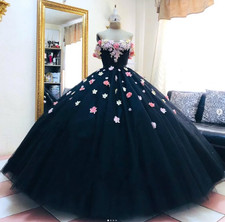 Black Quinceanera Dresses 3D Colourful Flowers Sweet 16 Off Shoulder Ball Gown