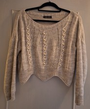 CAMEO ROSE Womans Pretty, Grey Cropped Jumper Pearls with Scallop Hem,  S/M