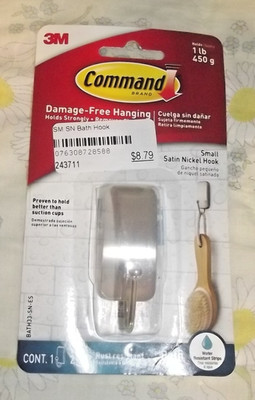Command Small Bath Hook Satin Nickel Water-Resistant Strips Organize Damage H97