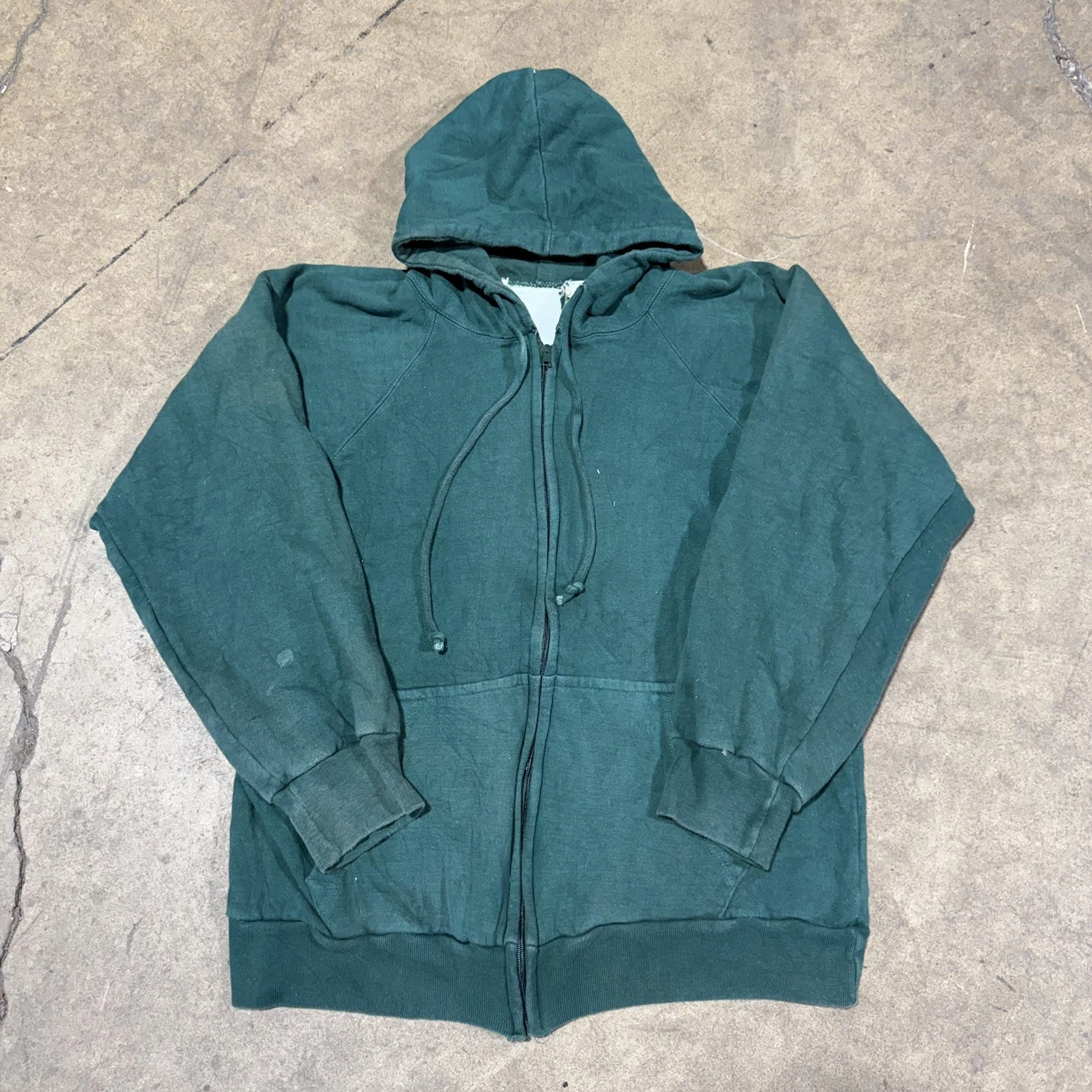 Vtg 90s Thermal Lined Hoodie Small Green Mens Full Zip Waffle Sun Faded Thrashed