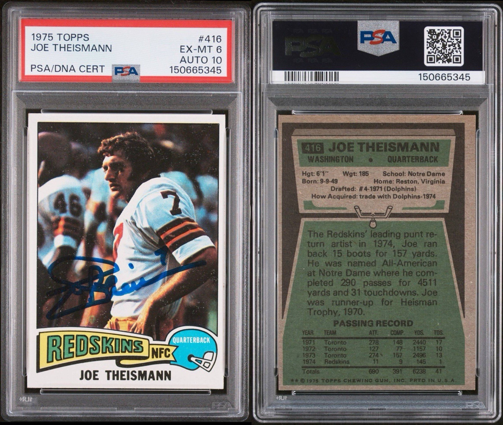 1975 Topps #416 Joe Theismann Rookie RC Autograph PSA 6 Auto 10 Gem Low Pop view 3
