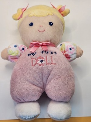 Baby Starters My First Doll 10'' Blonde Hair Blue Eyes Pink Bow Plush Rattle Toy