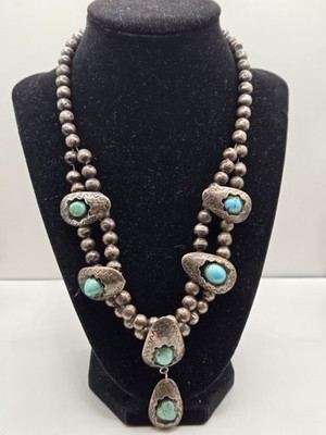 Native American Silver Beaded Necklace Turquoise Cabochon Engraved Signed
