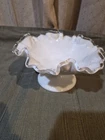 Vintage Fenton Silver Crest Milk Glass Pedestal Compote Bowl Ruffled Rim 7.5"