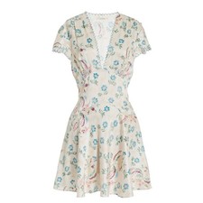 Doen Dianne Silk V Neck Puff Short Sleeve Mini Dress Blue Ivory Hollyhock Hills