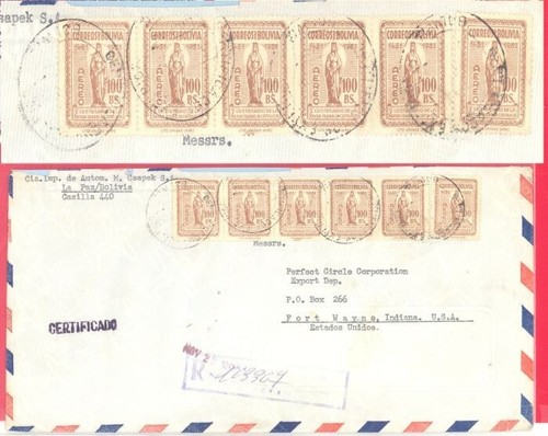 Bolivia Topic ISABELLA / ISABEL Strip of 6 used on Registered cover to USA 1954