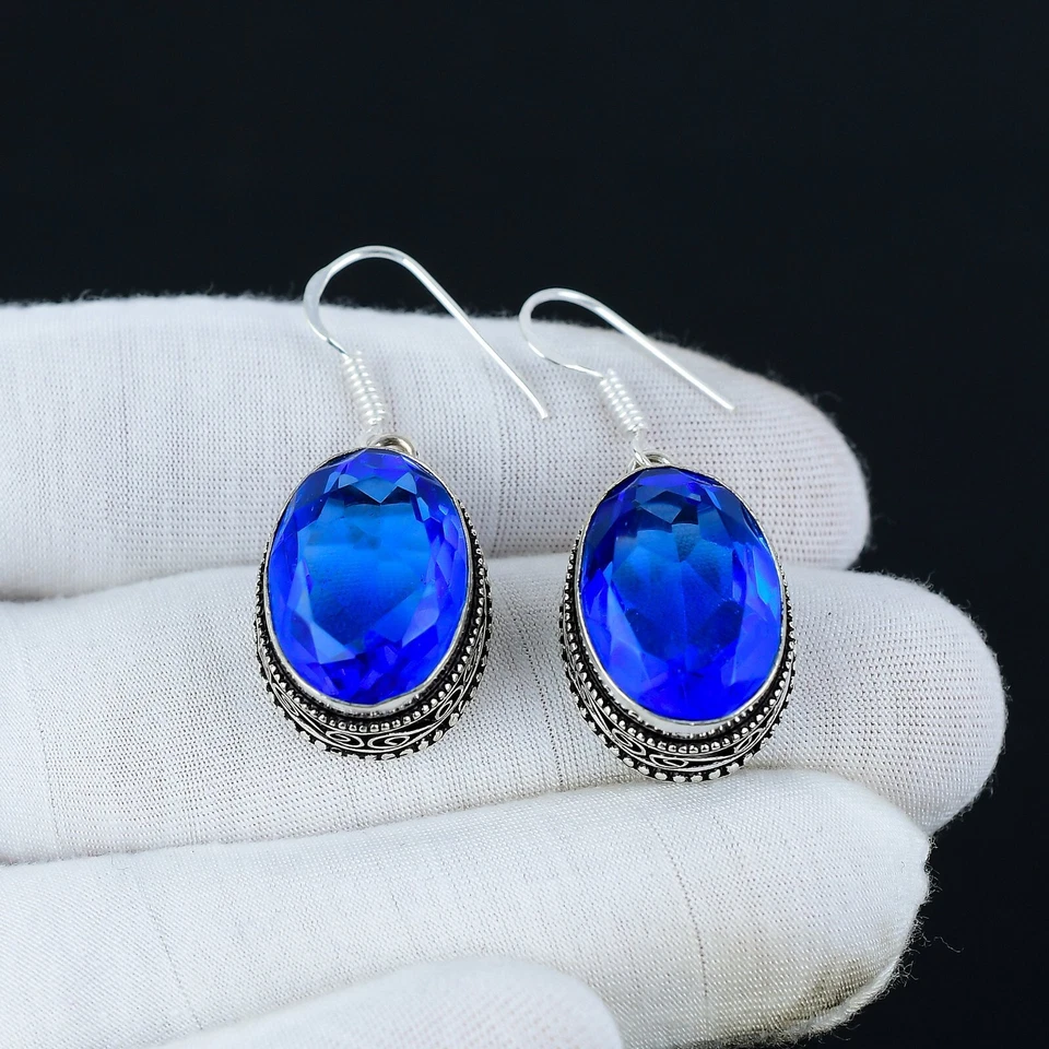 Orecchini In Argento Sterling 925 Fatti A Mano In Topazio Blu Svizzero Per Donne - Immagine 4 di 4