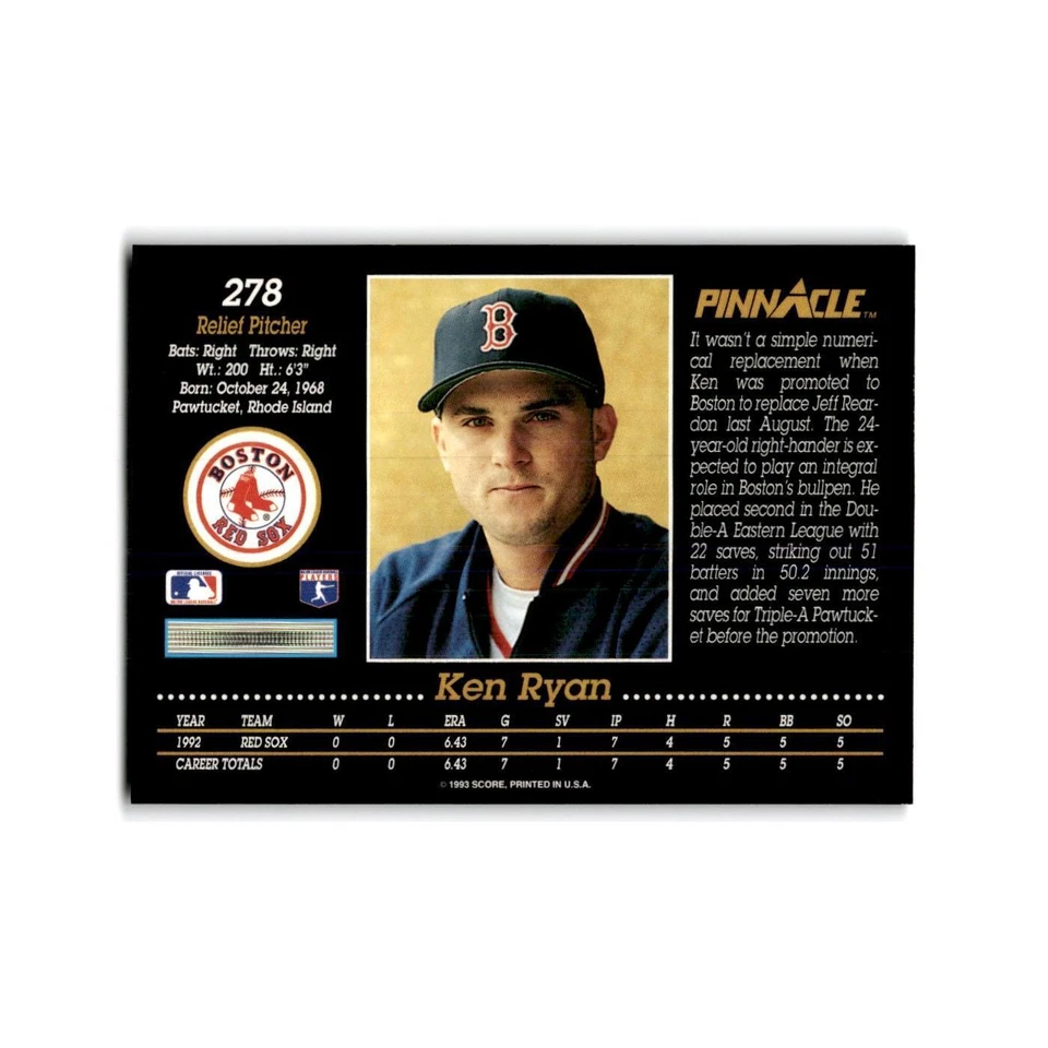 Ken Ryan Rookie 1993 Pinnacle #278 Boston Red Sox Baseball Card NM - Image 2 of 3