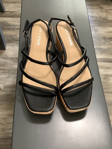 Sun + Stone Bella Black Strappy Wedge Sandals Women’s Size 8.5 New In Box