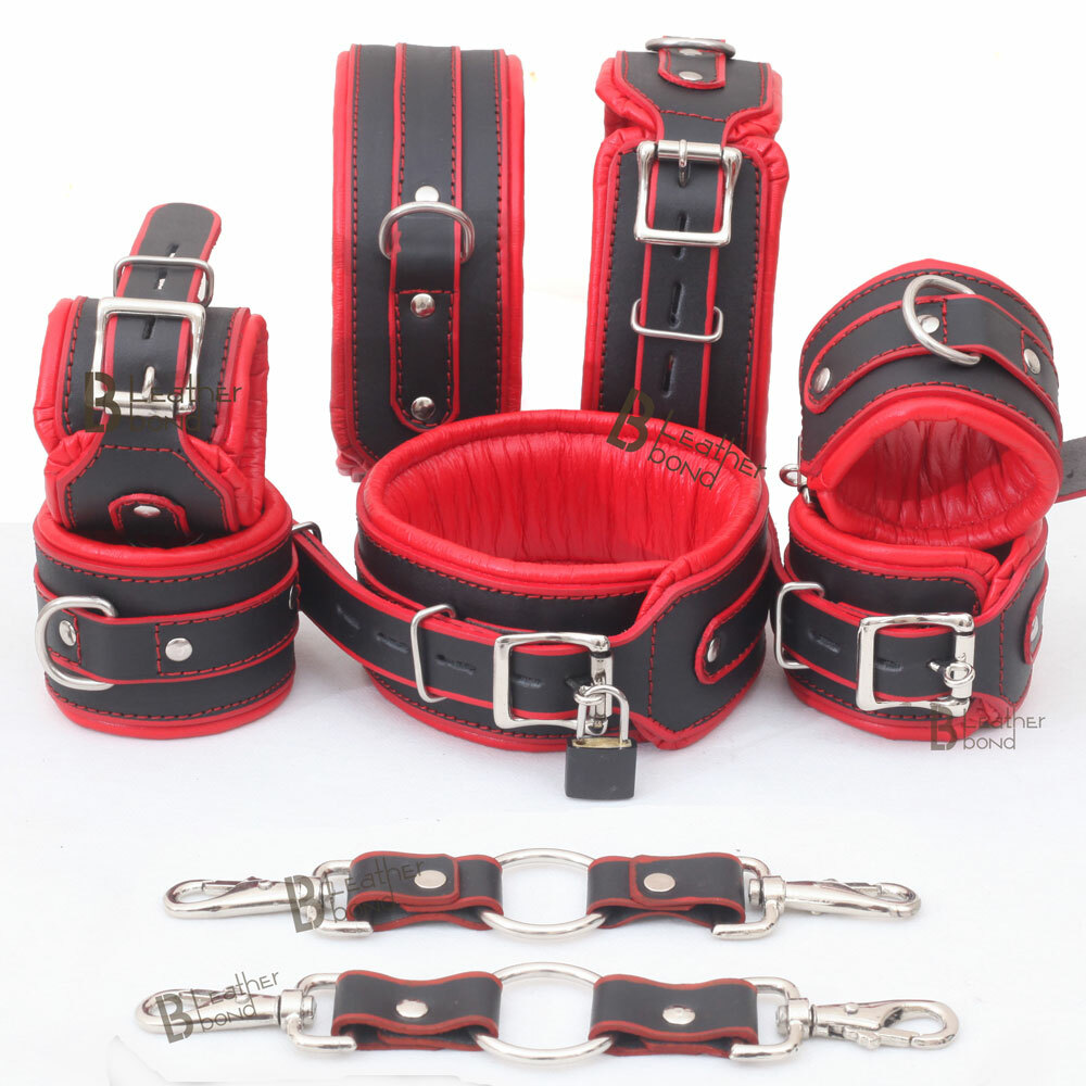 Real Cow Leather Wrist, Ankle Thigh Cuffs Collar Restraint Set Red