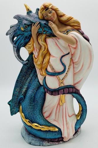 Hand Painted Medieval Ceramic Blue Dragon w/Goddess Sorceress