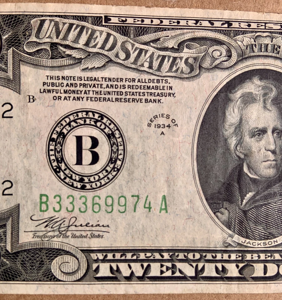 1934 A Series $20.00 Bill Federal Reserve Note Collectors Almost Uncirculated - Image 2 of 3