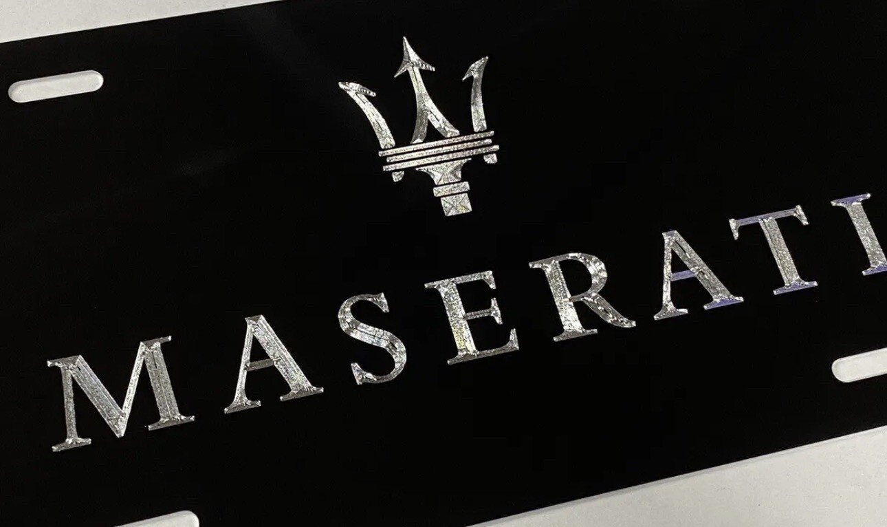 Engraved MASERATI Car Tag Diamond Etched Aluminum Metal Black License Plate