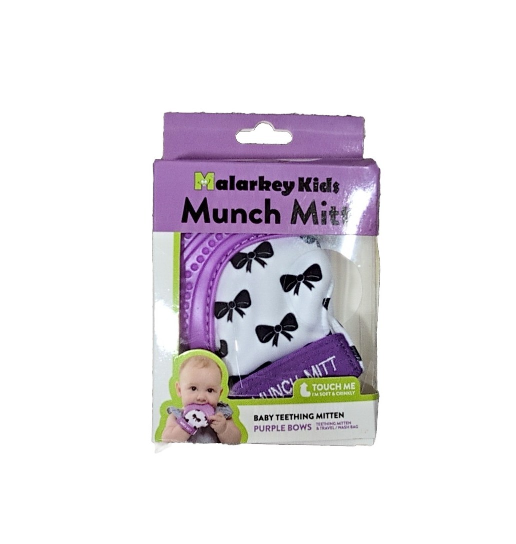 Munch Mitt Teething Mitten Teether Glove, Purple Bows UK - Main Image