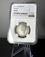 1911 Belgium 2 Francs French Text Silver Coin NGC MS64 - Rare Coin