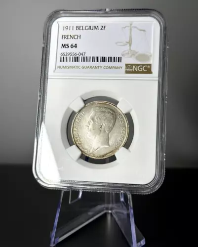 1911 Belgium 2 Francs French Text Silver Coin NGC MS64 - Rare Coin