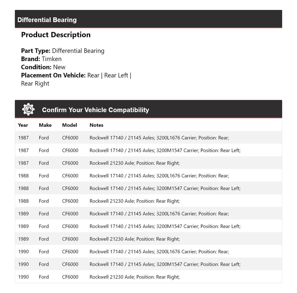 Cojinete diferencial Timken 1988 1989 para Ford CF6000 1987-1990 Foto 2 de 4
