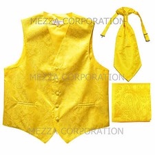 New Men's Paisley Tuxedo Vest Ascot Cravat Hankie set Yellow formal wedding prom