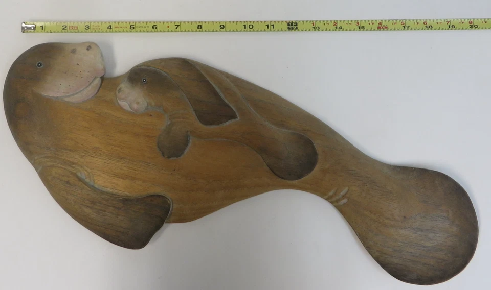 Arte de pared de madera tallada de manatí madre y bebé DE COLECCIÓN 1980 TALLADO A MANO Foto 2 de 4