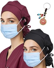 2 PCS Classic Ponytail Scrub Caps Satin Lined Surgical Hat With Buttons