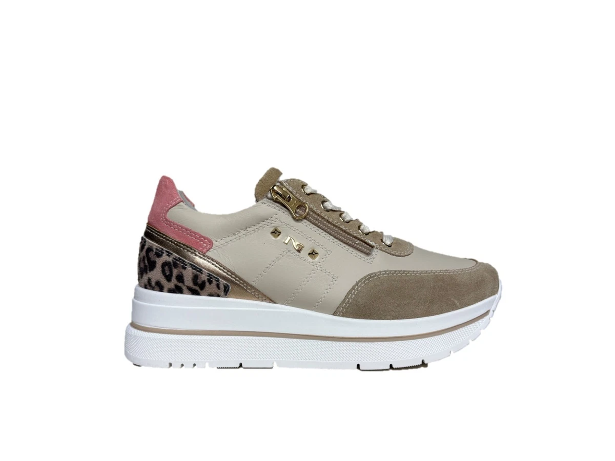 Nero Giardini E513080D Sneakers Donna In Pelle Beige, Suola Platform 5 Cm, Made In Italy, Pelle Interna