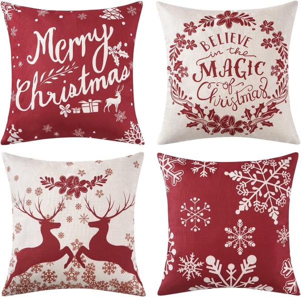 Weihnachtliche KissenbezüGe Set 4 StüCk Weiche Rote Und WeißE 45X45 Cm-image