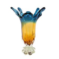 Vtg Hand Blown Murano Glass Vase Amber Blue Ombre Stretch Glass Rim 13.5in Tall