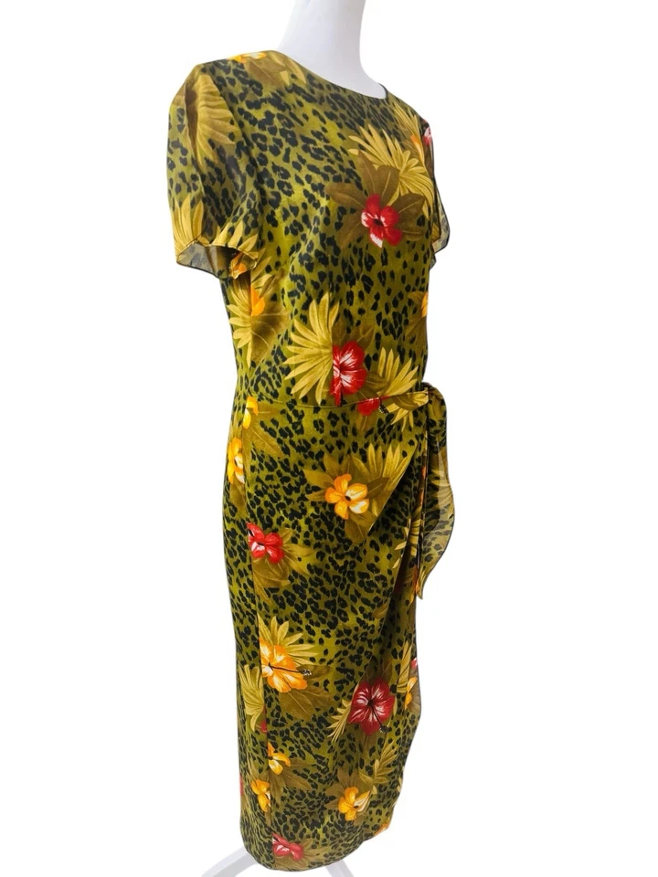 Vintage John Roberts Womens Floral Long Wrap Dress Size 14 Brown Yellow Hibiscus - Image 3 of 4