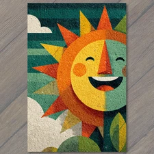 Art Print Retro Sunburst Smile Sunshine Retro Colors Happy Sun Face Trees