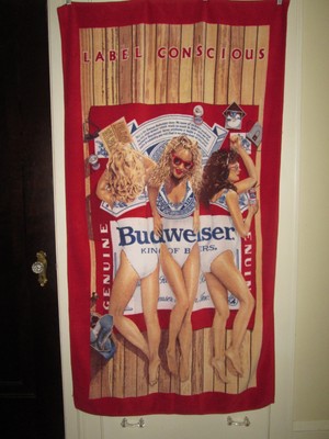 Vtg BUDWEISER King of Beers Bikini  Babes Beach Towe Label Conscious 67 x 36 