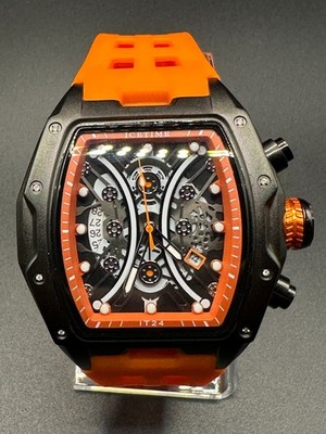 Flash Sale! IceTime 45mm Orange Black Dial Steel Mens Watch 0.10ct Diamonds IT24