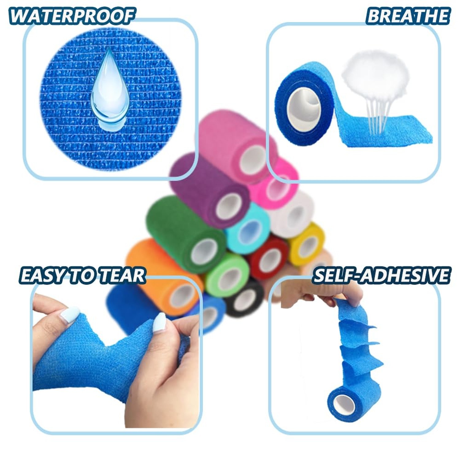 15 Pack 3 Inch x 5 Yards Self Adhesive Bandage Wrap, Non-Woven Bandage,Vet Wr...