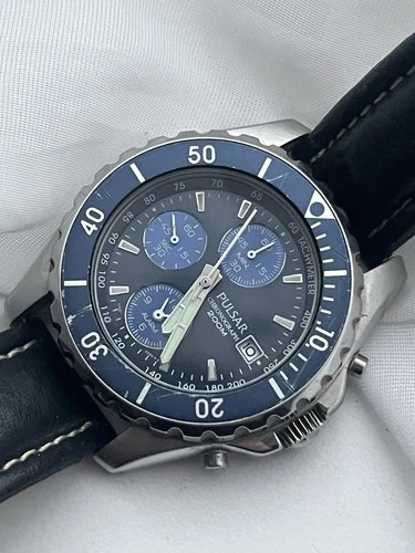 Pulsar (Seiko) Diver Chronograph Vintage Blue Silver Black Watch Date Leather
