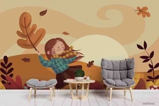 3D Autumn Girl Leaves Landscape Self-adhesive Removeable Wallpaper Wall Mural