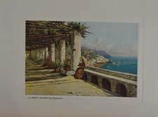 Antique Italy Amalfi from the Hotel dei Cappuccini Color Engraving Art 1929